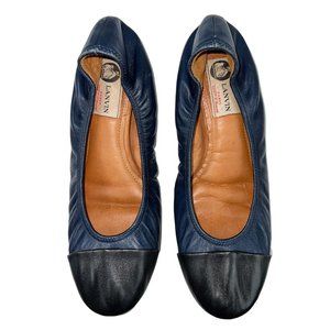LANVIN Black Leather Navy Cap Toe Classic Stretch Collar Ballet Flats Size 8.5